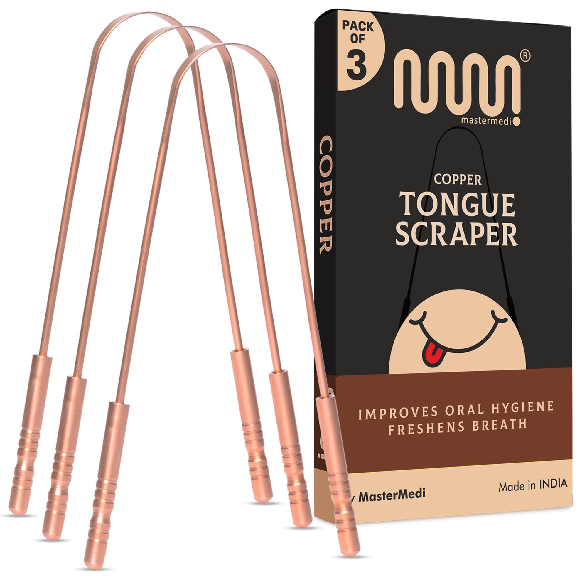 MasterMedi Pure Copper Tongue Scraper - front view (pack of 3)