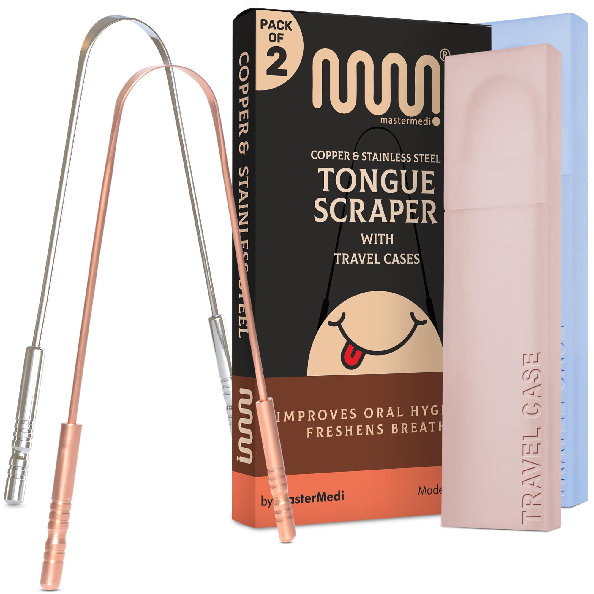 MasterMedi tongue scraper for adults with dual stainless steel and copper blades in hand