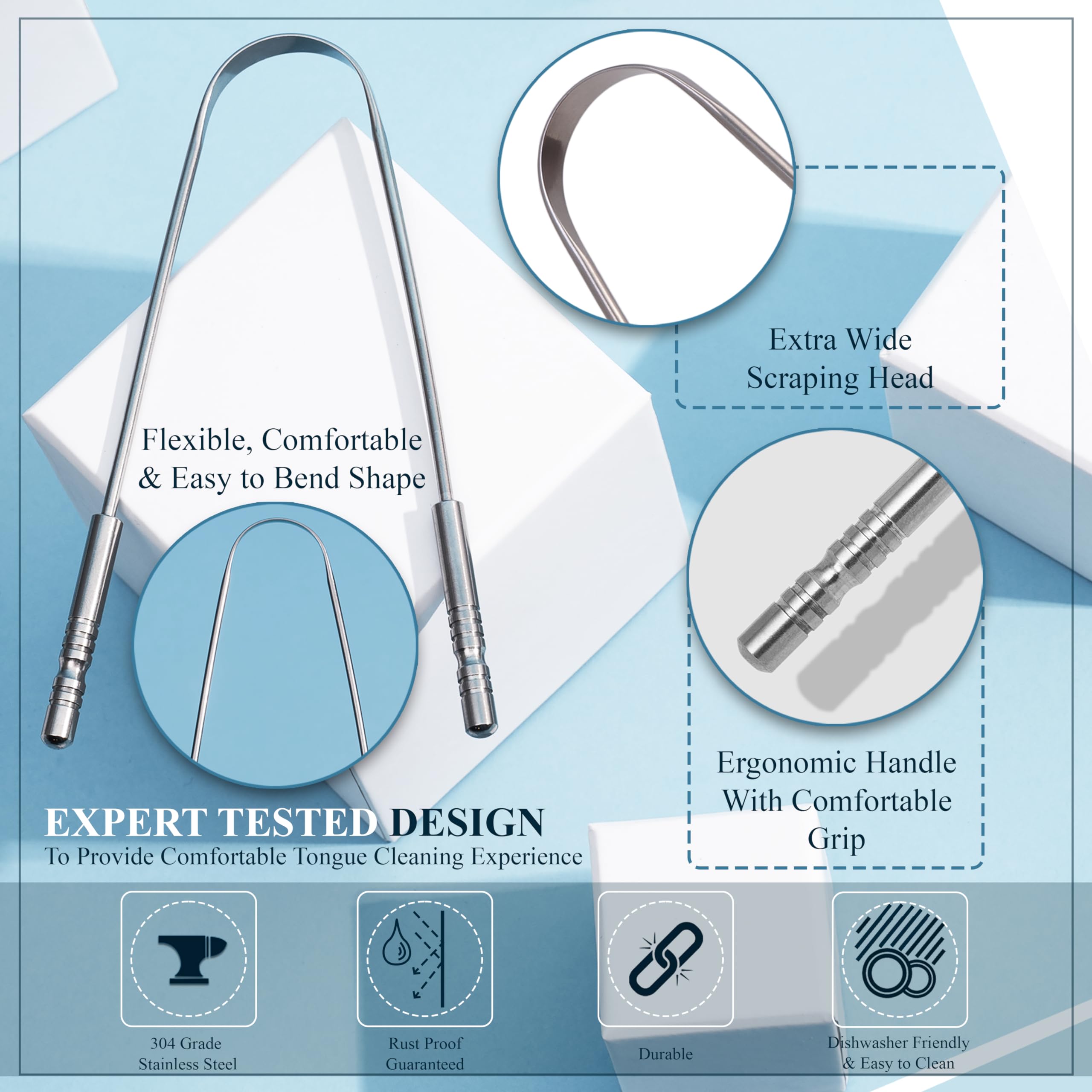 Ergonomic stainless steel tongue cleaner for adults