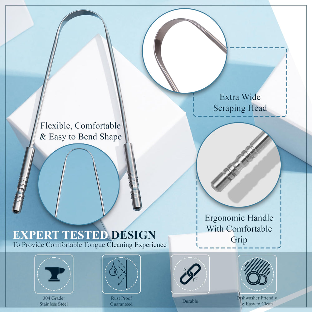 Ergonomic stainless steel tongue cleaner for adults