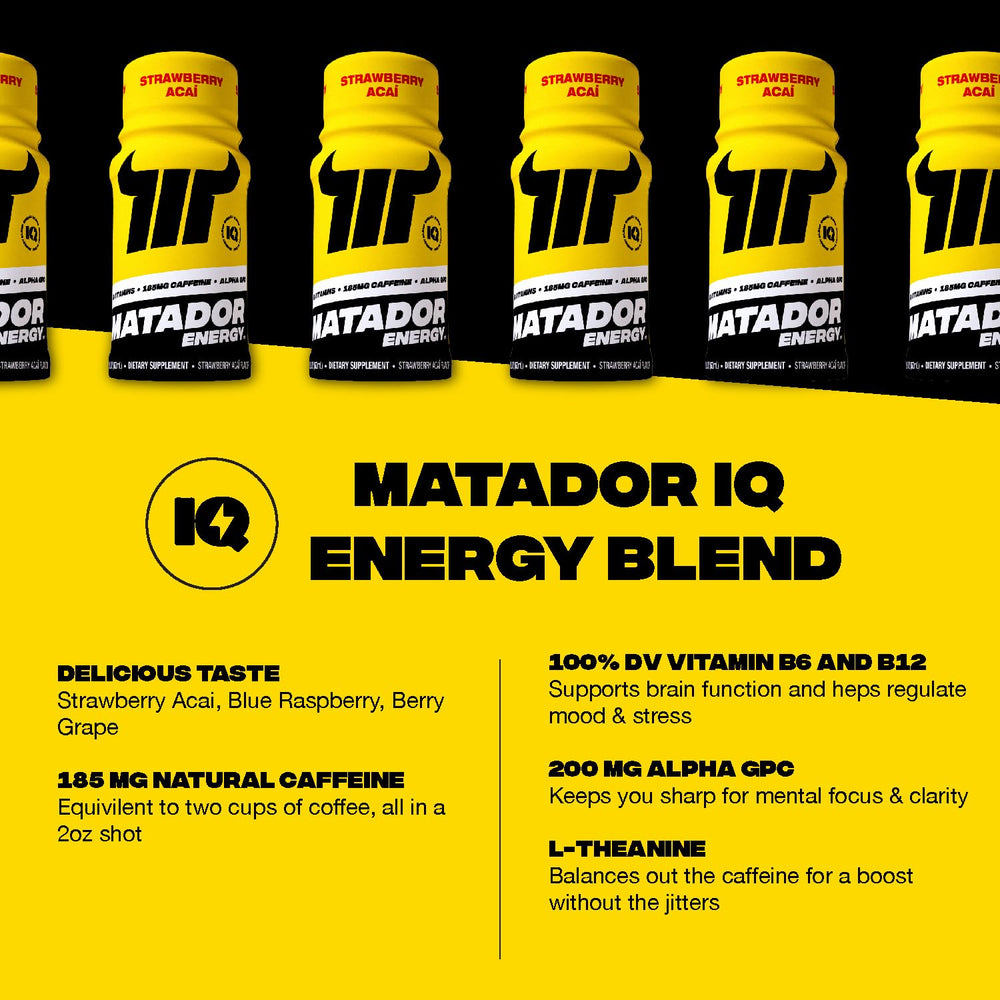 MATADOR energy shot label closeup highlights sugar-free, no artificial flavors