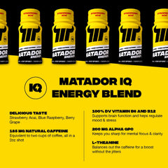MATADOR energy shot label closeup highlights sugar-free, no artificial flavors
