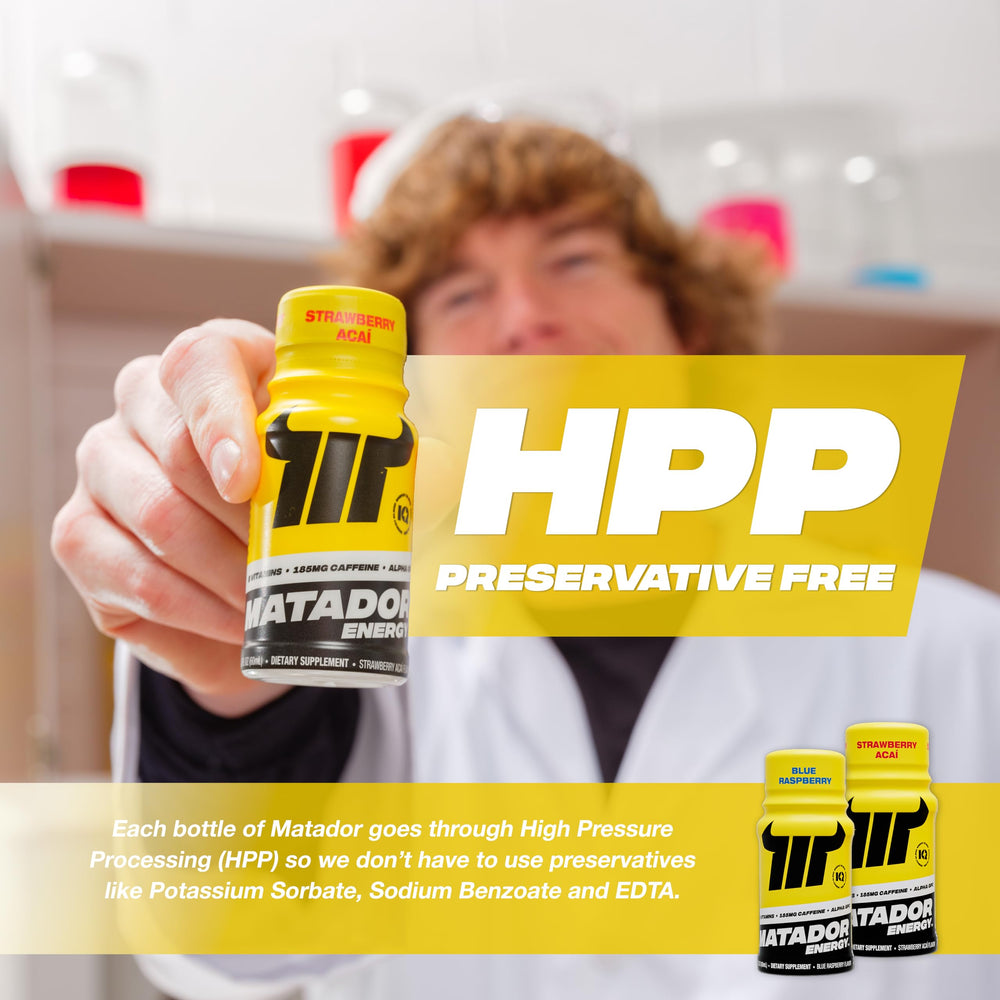 MATADOR energy shot strawberry acai bottle with glass and ice flavor