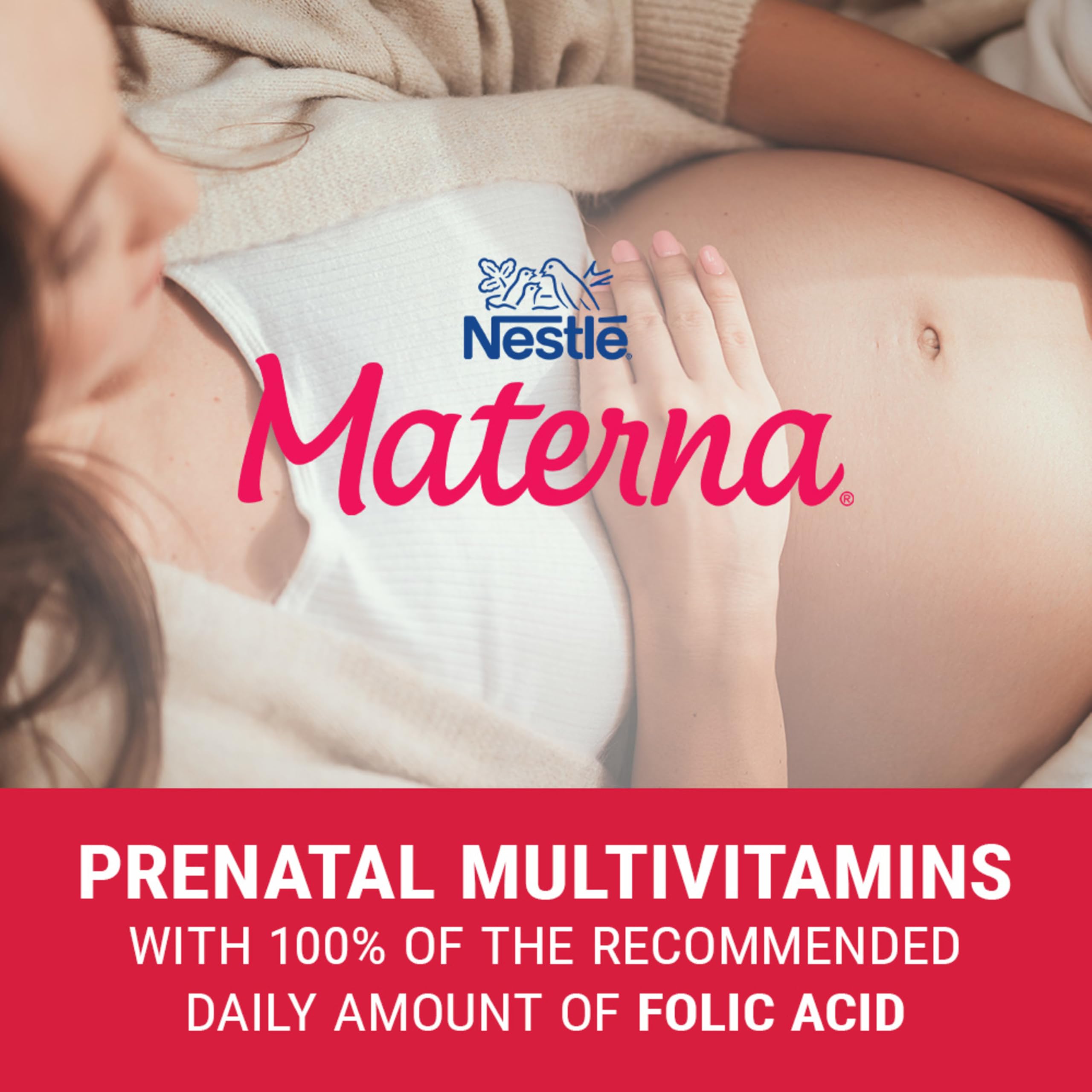 Materna Nestlé Prenatal tablet close-up illustrating a round coated vitamin for daily energy