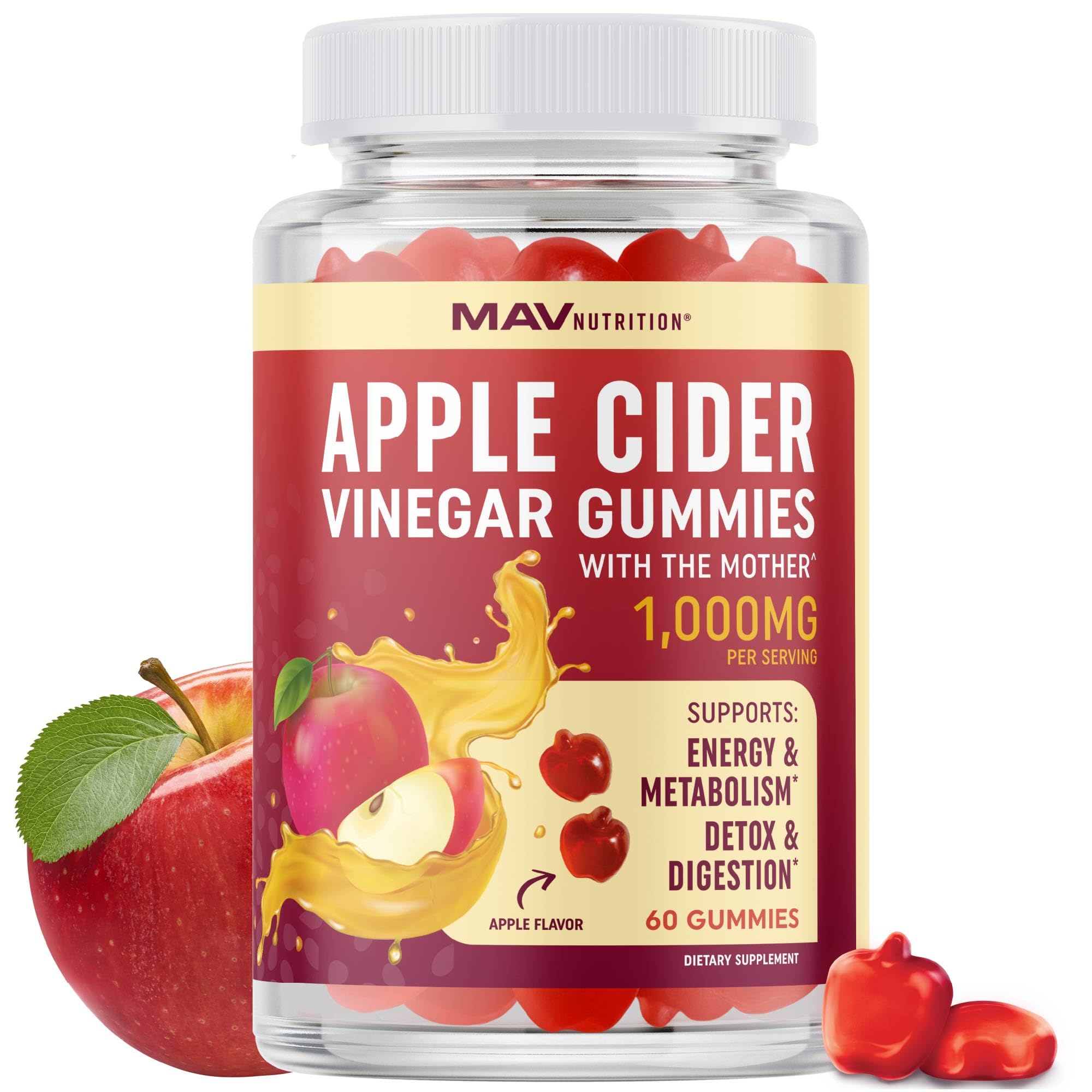 MAV NUTRITION front packaging showing 60-count vegan ACV gummies and benefits