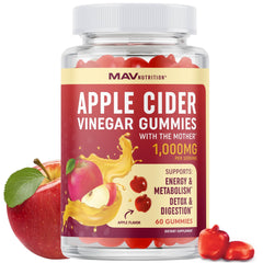 MAV NUTRITION front packaging showing 60-count vegan ACV gummies and benefits