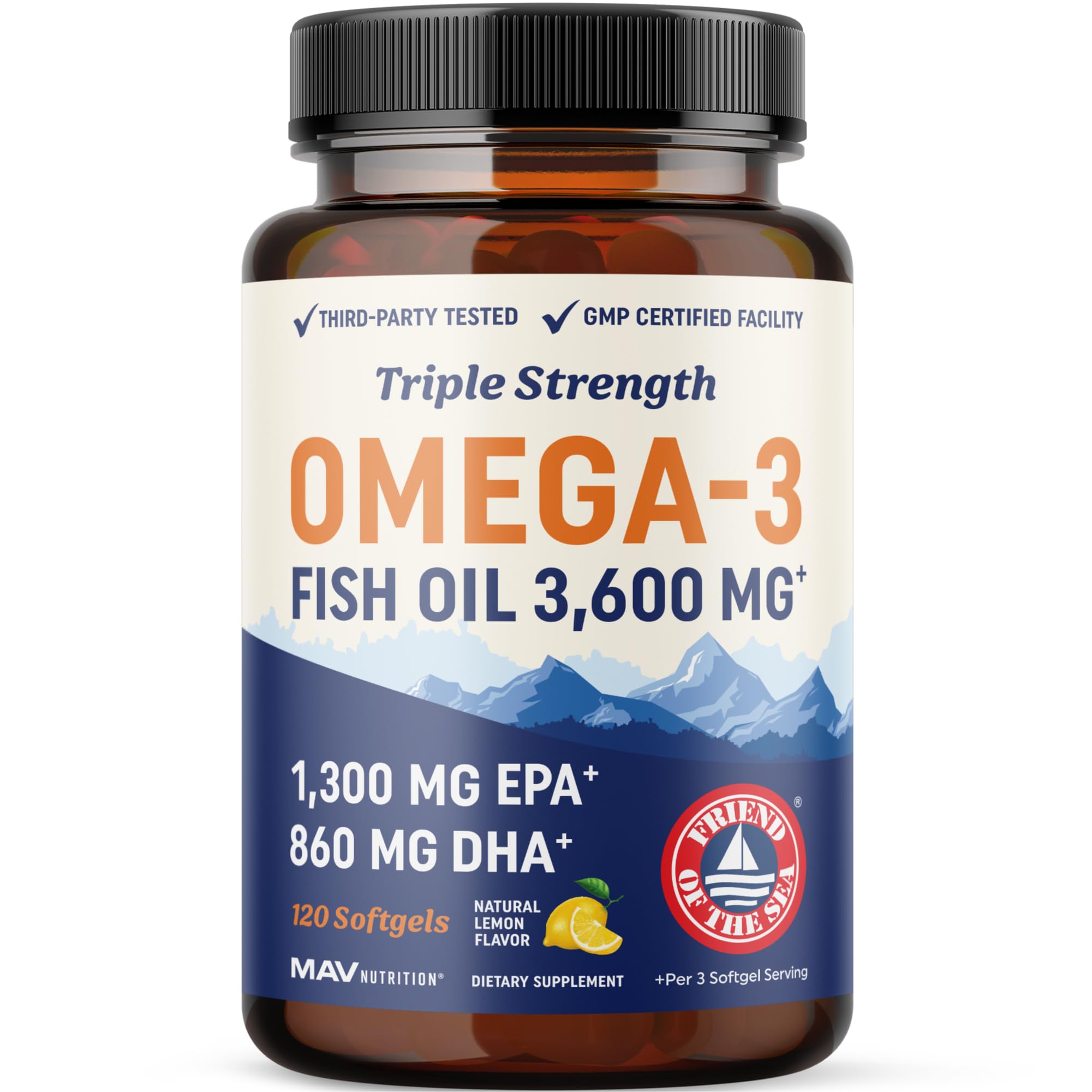 MAV Nutrition triple-strength DHA omega-3 bottle front shows daily wellness focus.