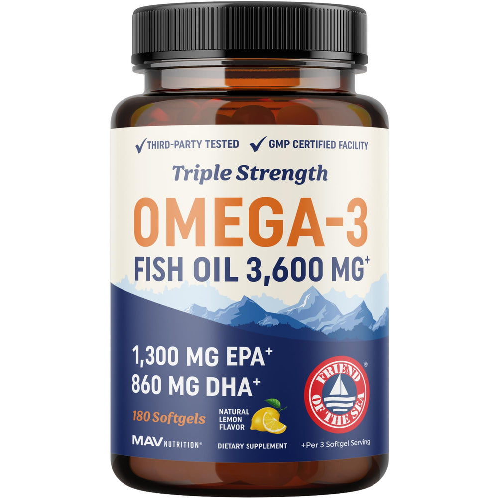 MAV Nutrition triple-strength omega-3 bottle closed, highlighting high EPA and DHA for daily support.
