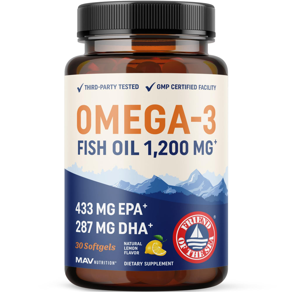 MAV Nutrition Triple Strength Omega-3 bottle front for eye, brain, immune support.