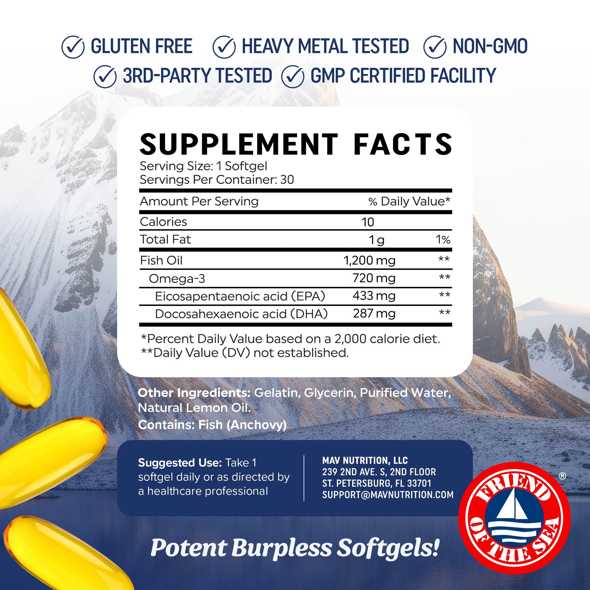 MAV Nutrition icon signals sustainable, Friend of the Sea sourcing.