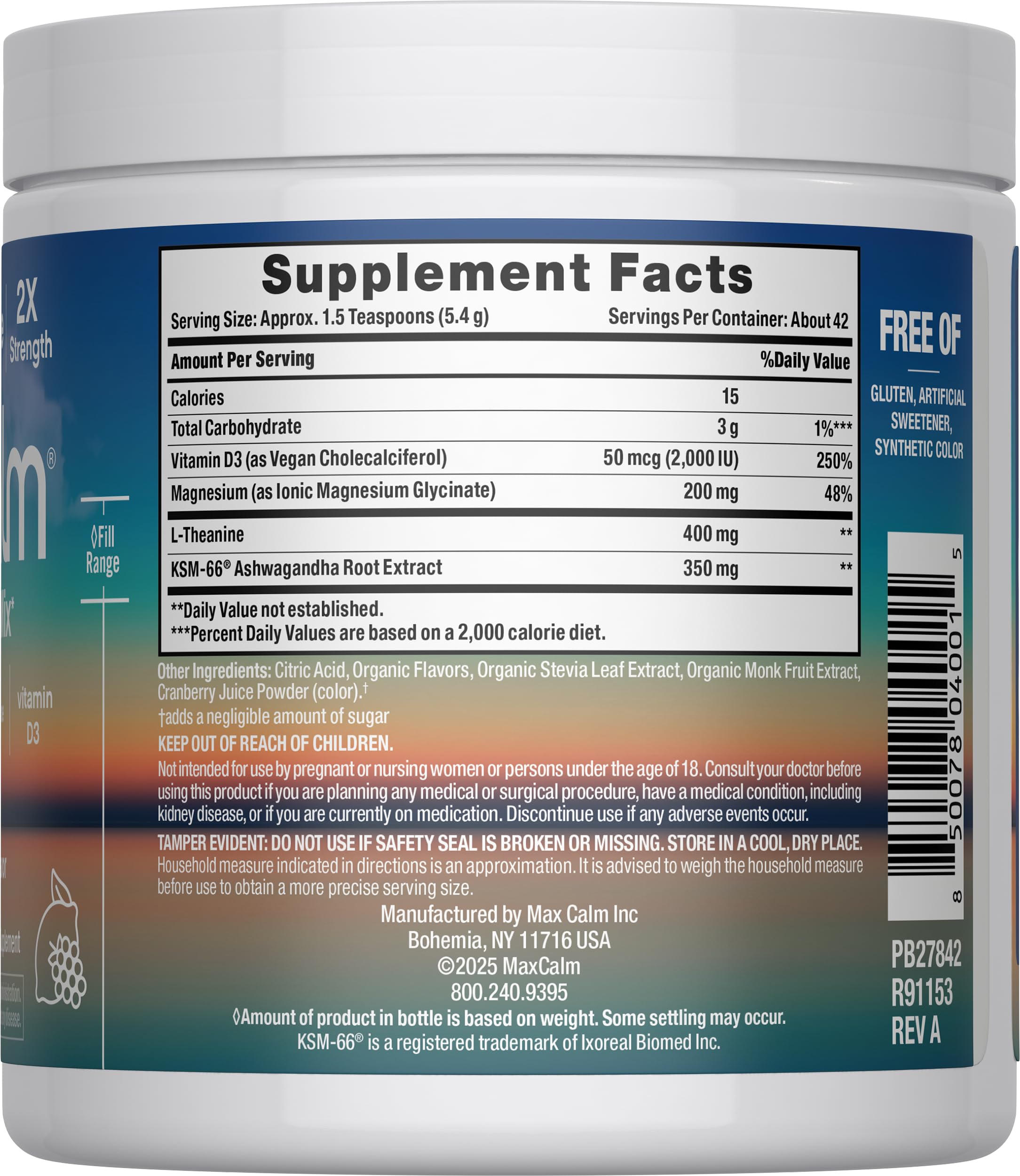 Back panel of Max Calm Raspberry Lemonade packaging with nutrition information