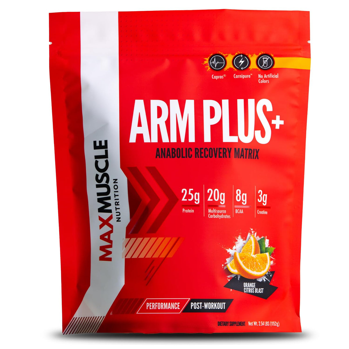 Front view of Max Muscle Arm Plus+ Orange Citrus Blast 2.54 lb tub