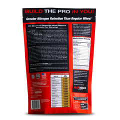 Close-up of Max Muscle Maxpro Elite nutrition label highlighting 30g protein per serving and 0g sugar.