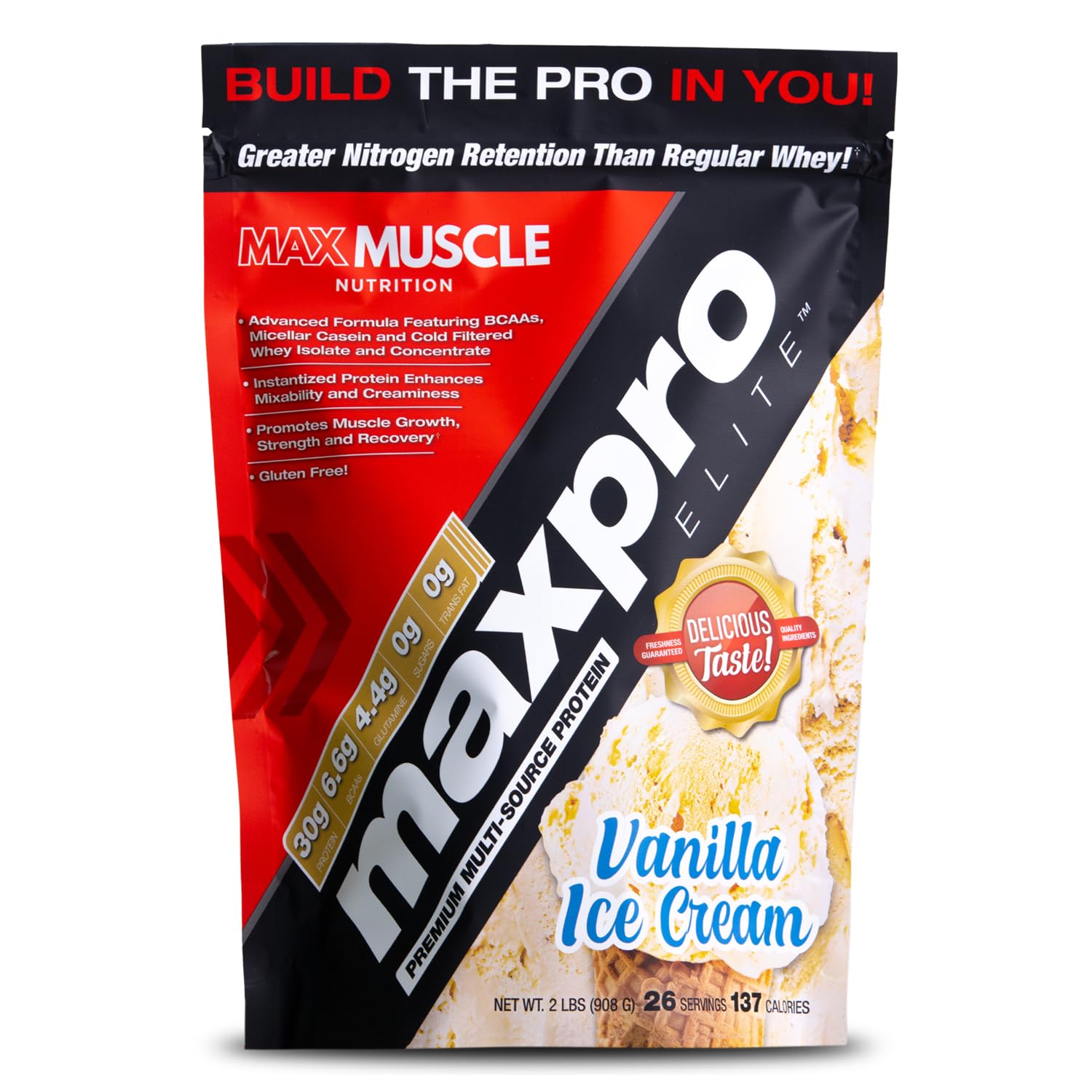 Max Muscle Maxpro Elite Whey protein bottle (Vanilla Ice Cream) supports daily protein goals for muscle recovery.