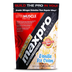 Max Muscle Maxpro Elite Whey protein bottle (Vanilla Ice Cream) supports daily protein goals for muscle recovery.