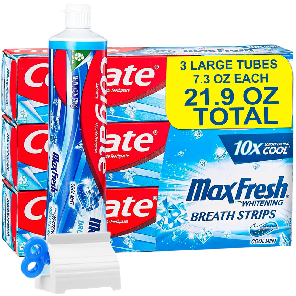 Front view of Max toothpaste three-pack with mini breath strips.