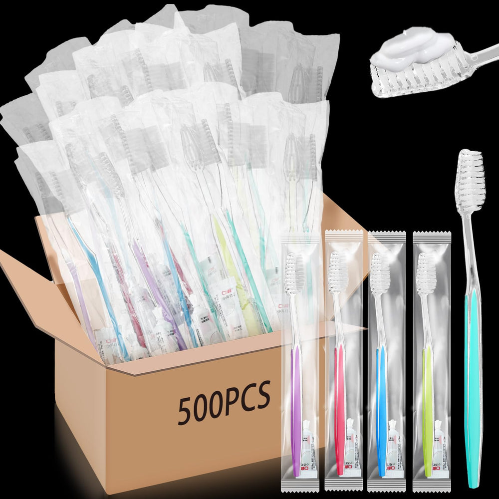 Maxcheck 500 sets disposable toothbrushes with toothpaste bulk pack, individually wrapped