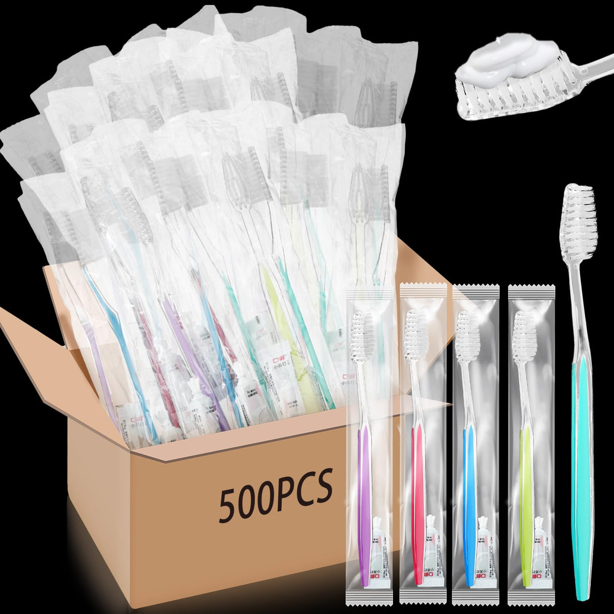 Maxcheck 500 sets disposable toothbrushes with toothpaste bulk pack, individually wrapped