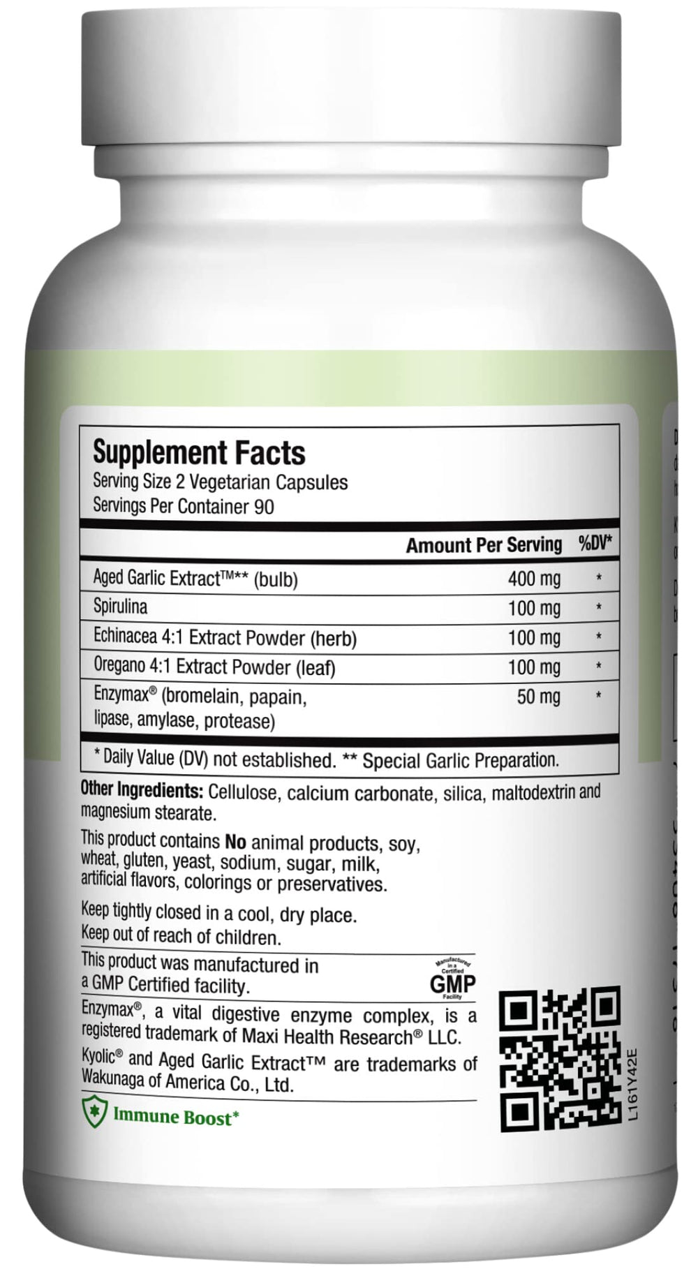 Close-up of Maxi Biotic packaging highlighting aged garlic extract
