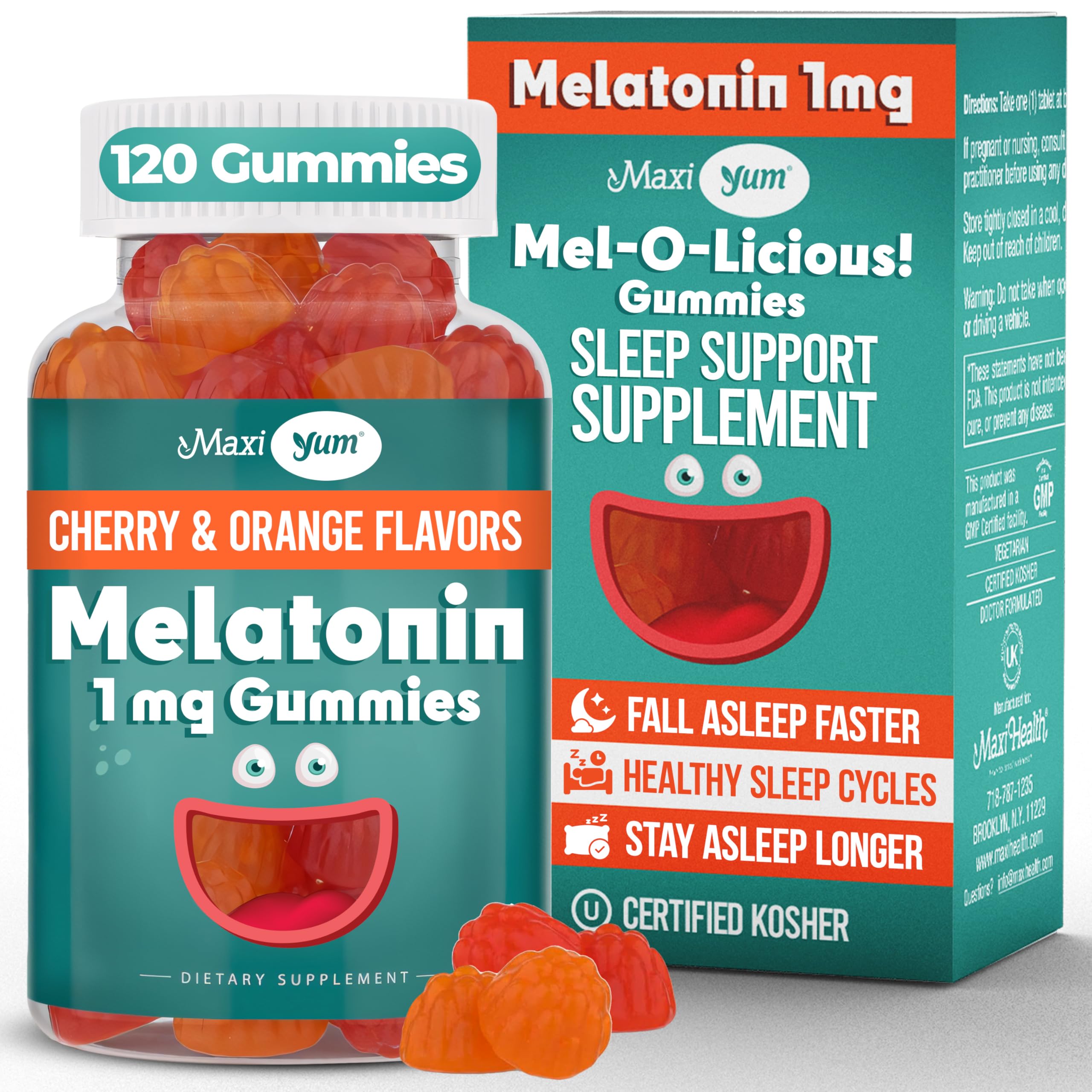 Maxi Health 1mg Melatonin Gummies front view, 120-count bottle