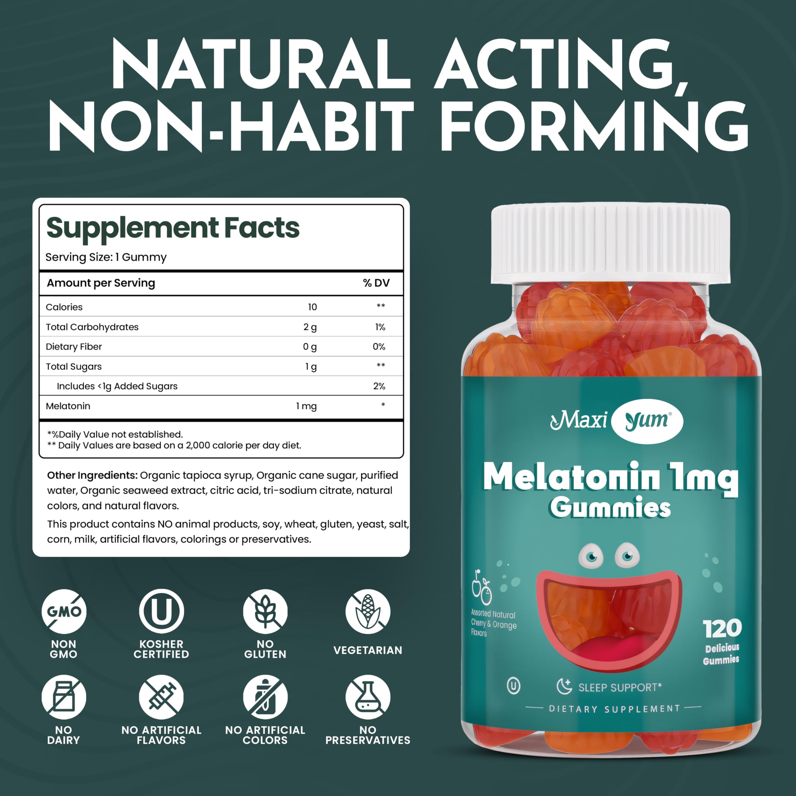 Pack shot of Maxi Health 1mg Melatonin Gummies 120-count