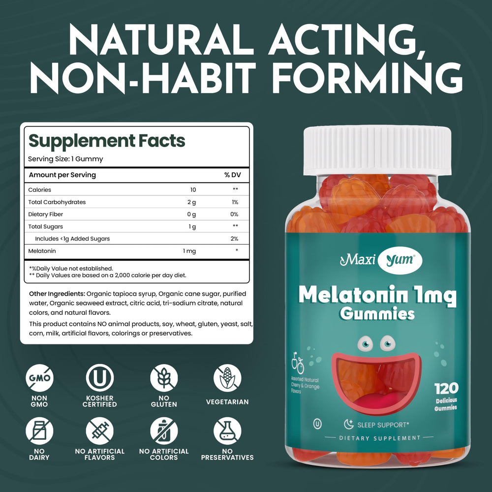 Pack shot of Maxi Health 1mg Melatonin Gummies 120-count