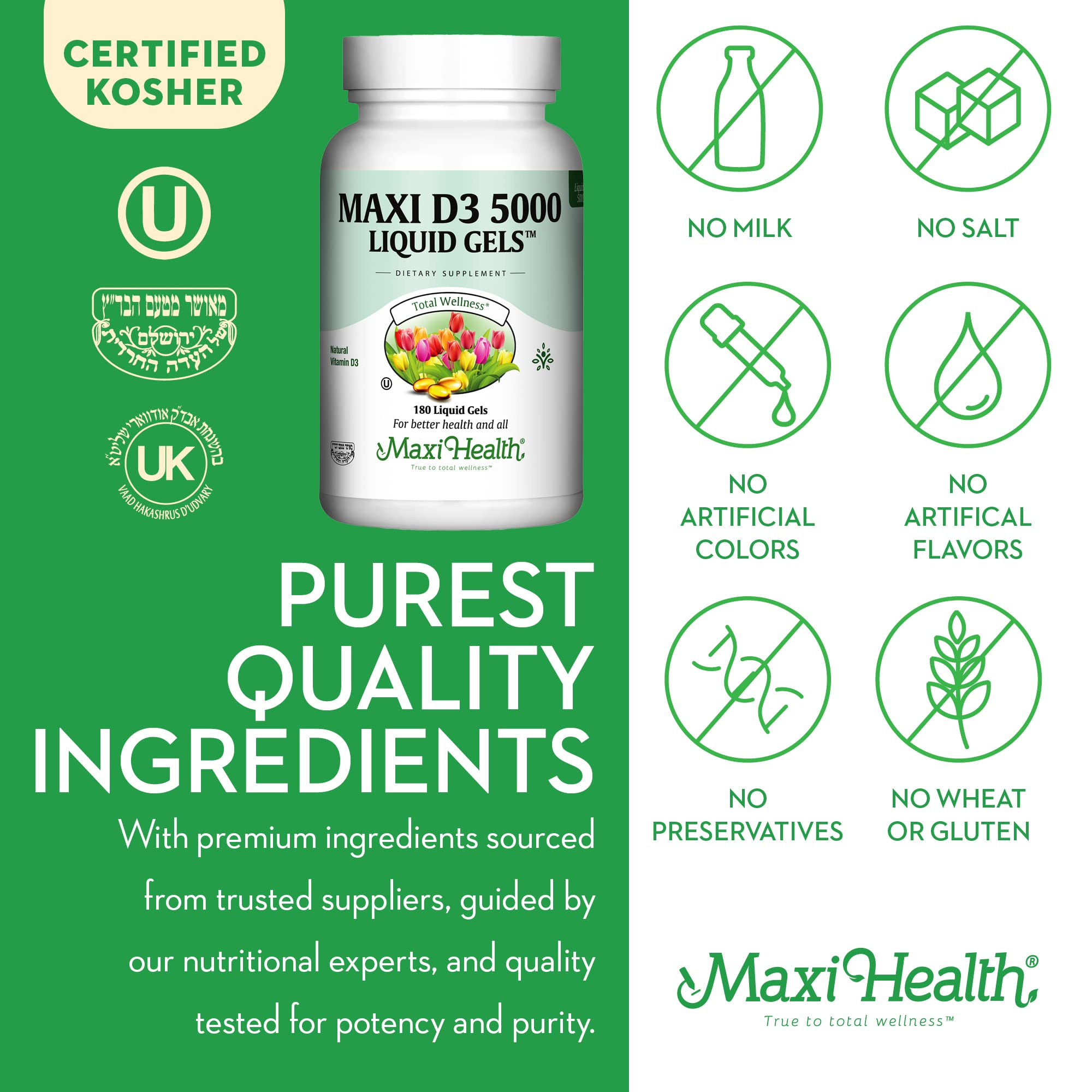 Close-up of Maxi Health D3 5000 IU 180 capsules