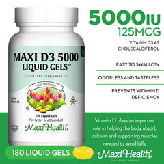 Maxi Health D3 5000 IU bottle with 180 softgels