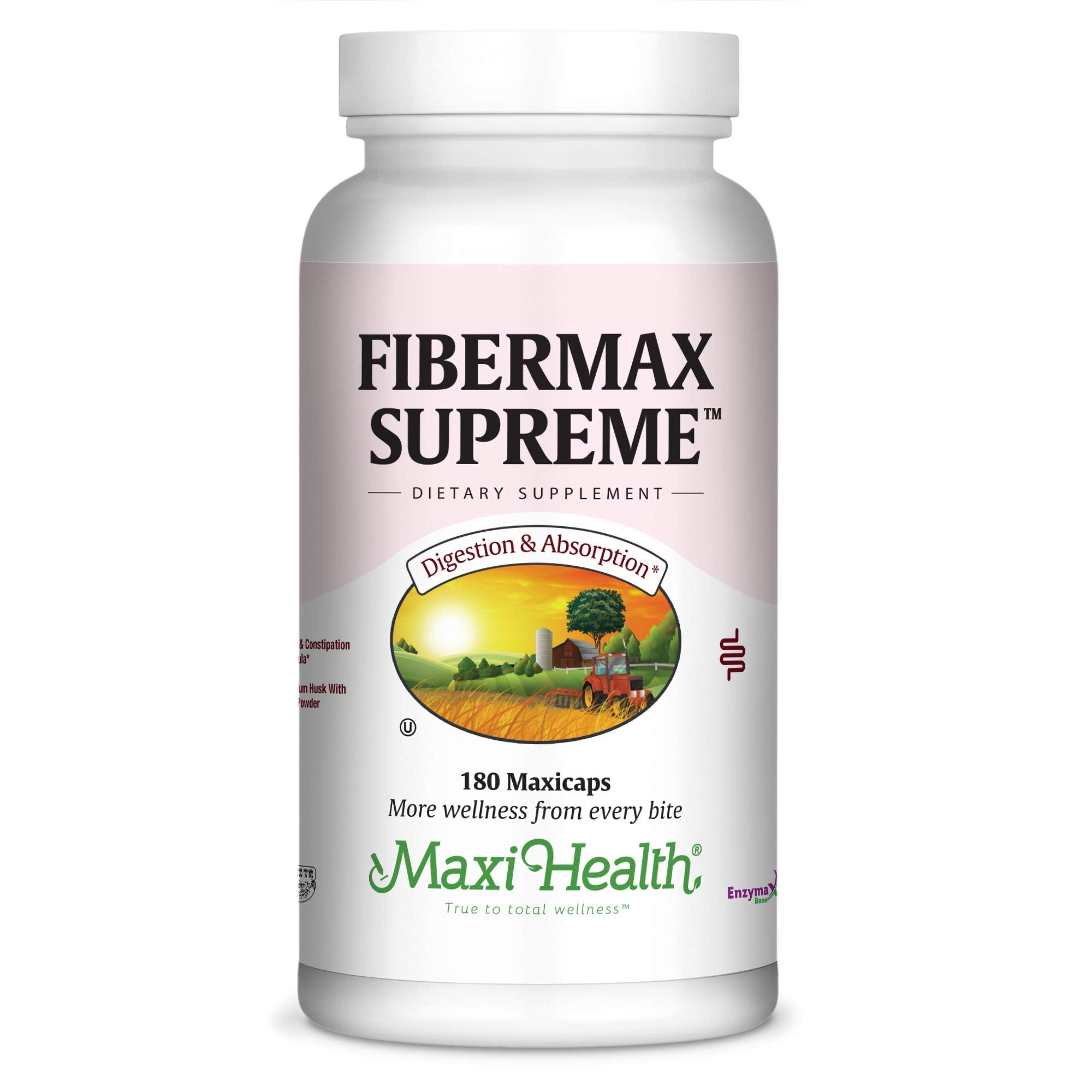Maxi Health frasco frontal de Fibermax Supreme mostrando etiqueta clara y beneficios