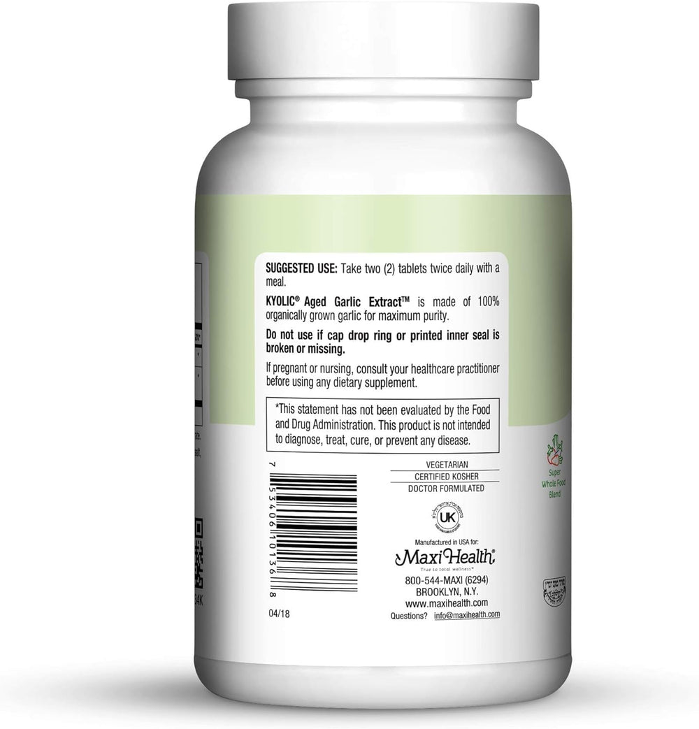 Kosher-certified vegetarian garlic tablets labeled Maxi Health with Enzymax