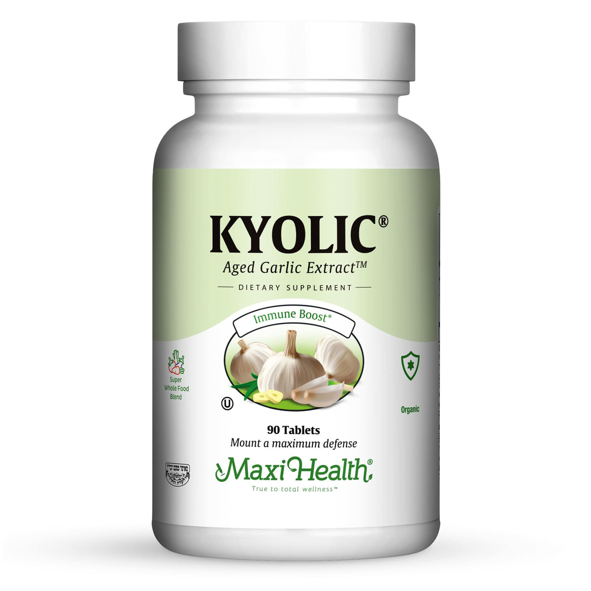 Maxi Health Kyolic Organic Garlic Supplement bottle label with 90 vegetarian tablets