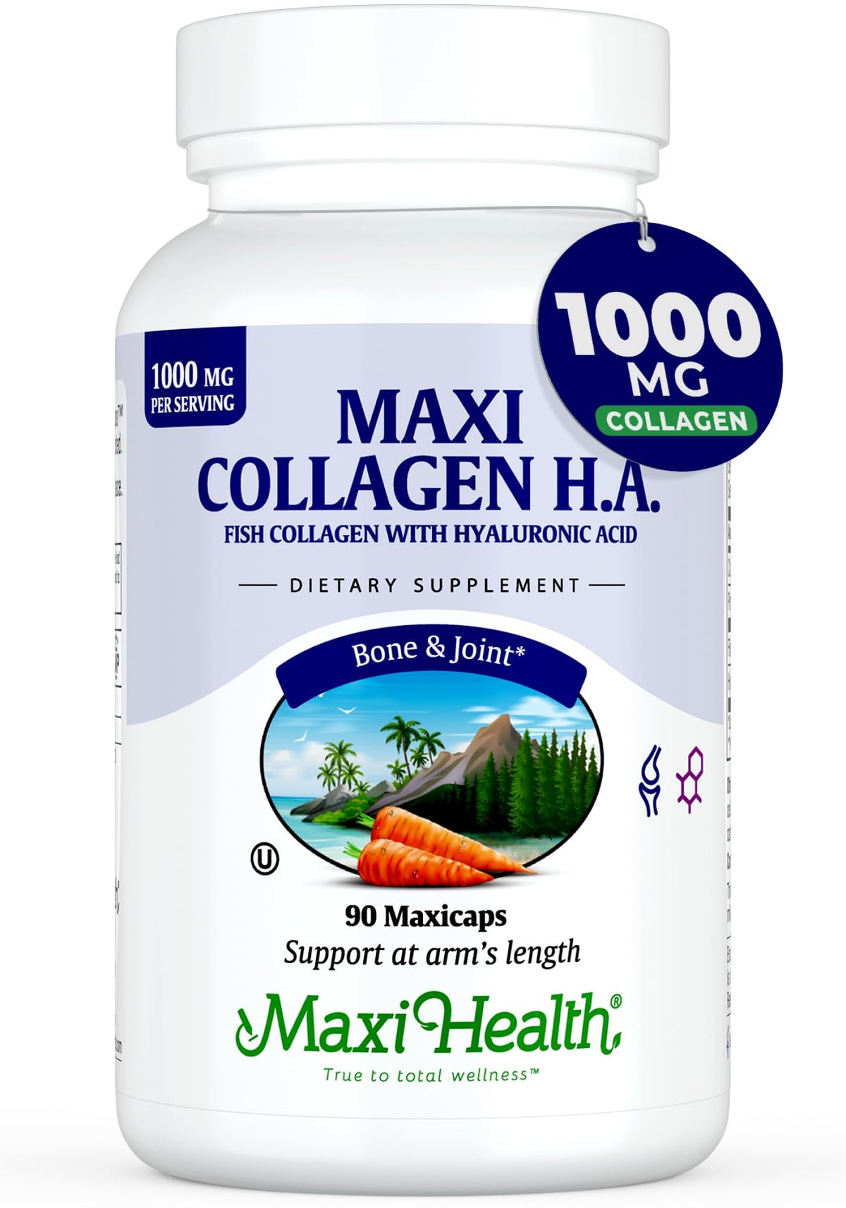 Maxi Health Marine Collagen Pills bottle with 1000 mg Type 1 collagen