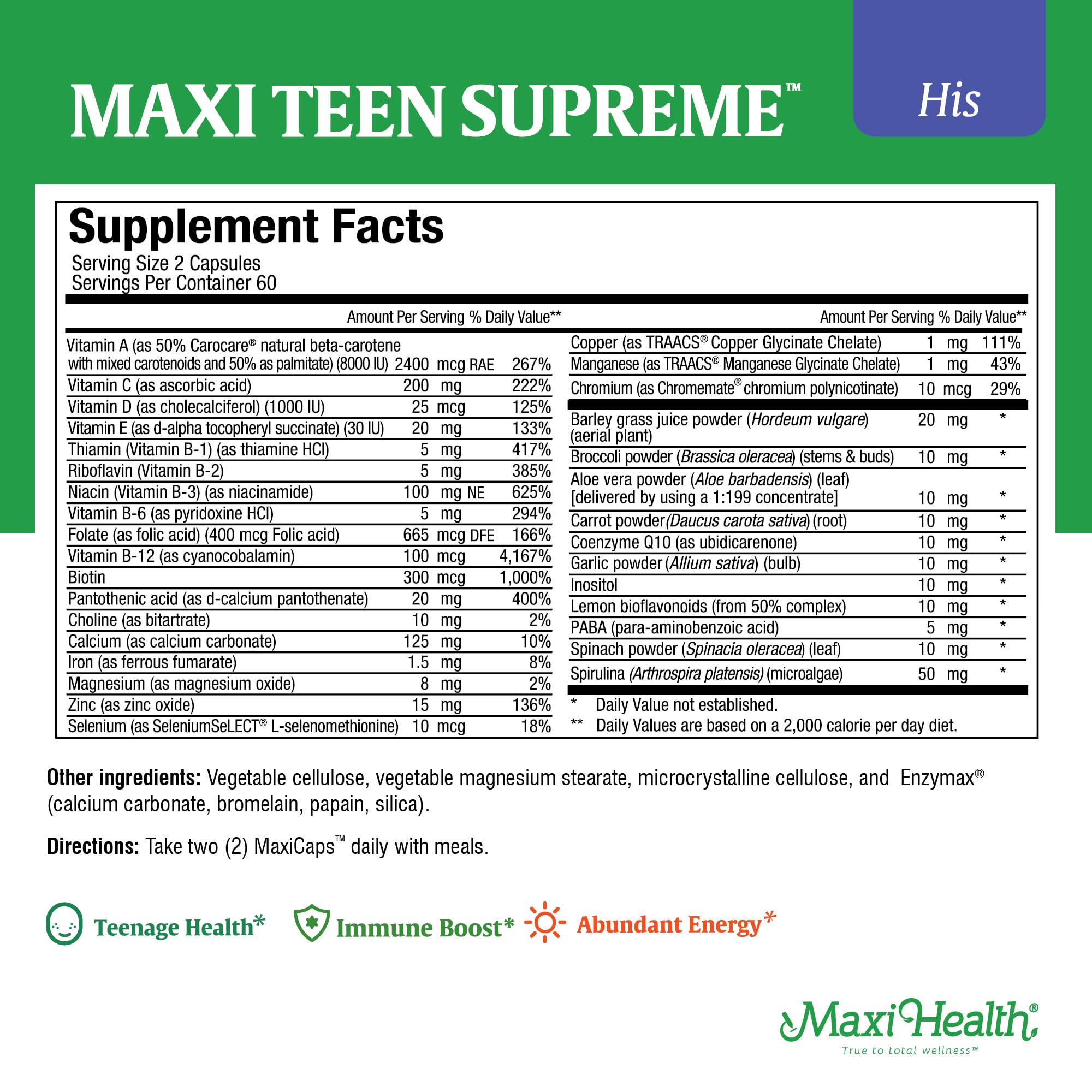 Back of Maxi Health Teen Boys multivitamin bottle with details