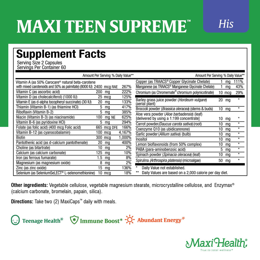 Back of Maxi Health Teen Boys multivitamin bottle with details