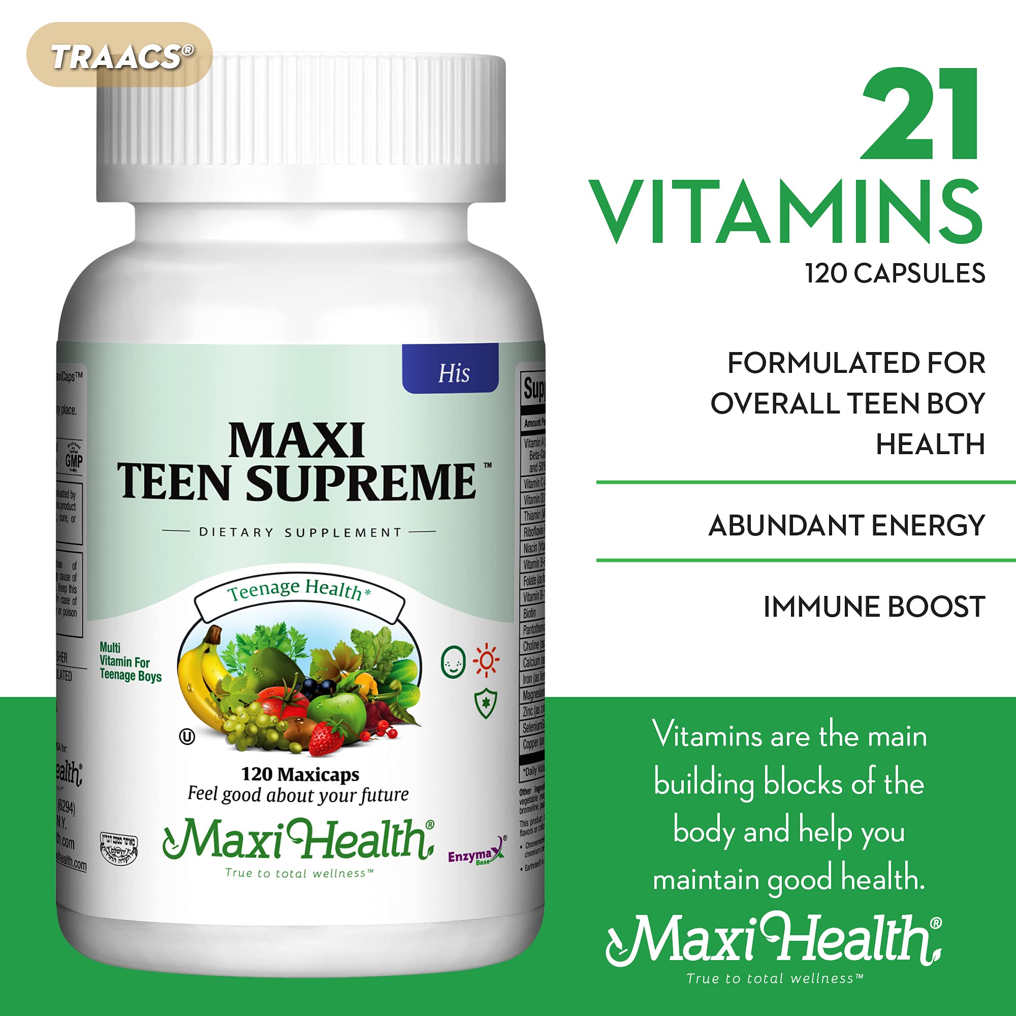 Nutrition panel for Maxi Health Teen Boys multivitamin (ages 12-17)