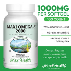 Close-up of Maxi Health Omega-3 2000mg softgels