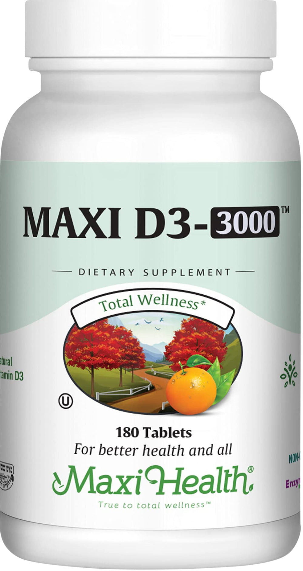 Front view of Maxi Health Vitamin D3 3000 IU bottle with 180 tablets