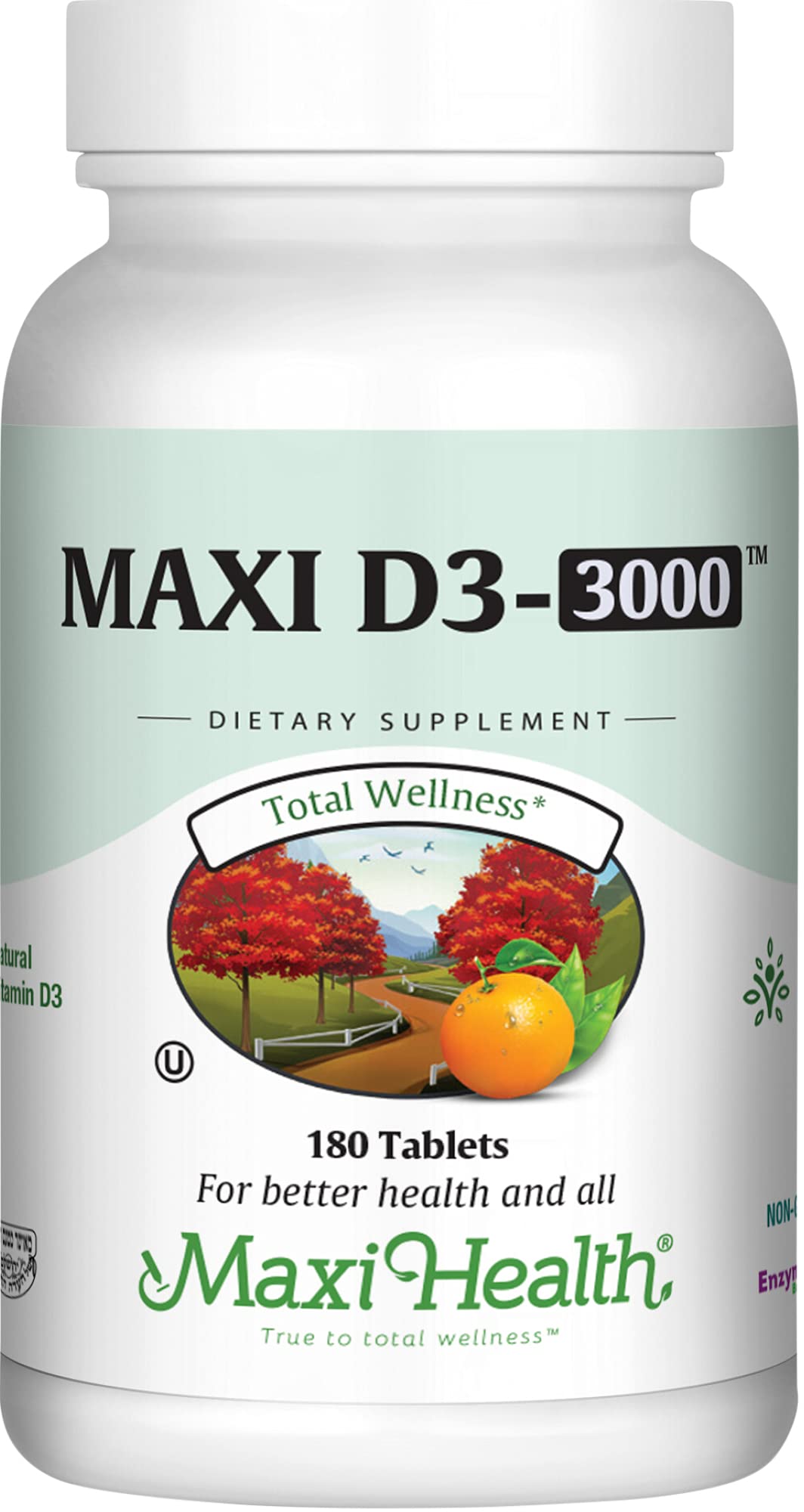 Front view of Maxi Health Vitamin D3 3000 IU bottle with 180 tablets