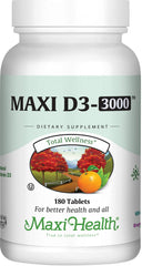 Front view of Maxi Health Vitamin D3 3000 IU bottle with 180 tablets