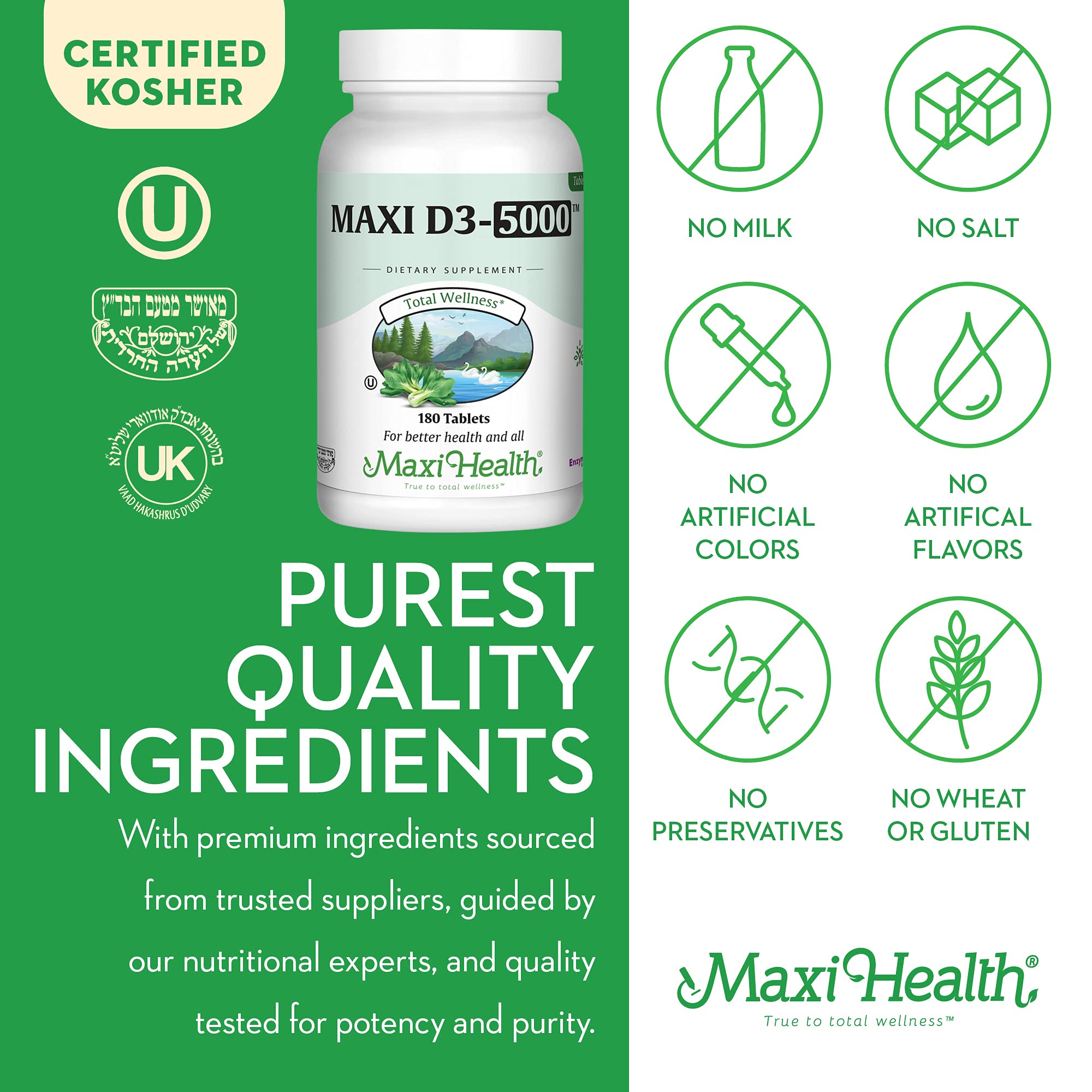 Kosher certification mark on Maxi Health Vitamin D3 bottle