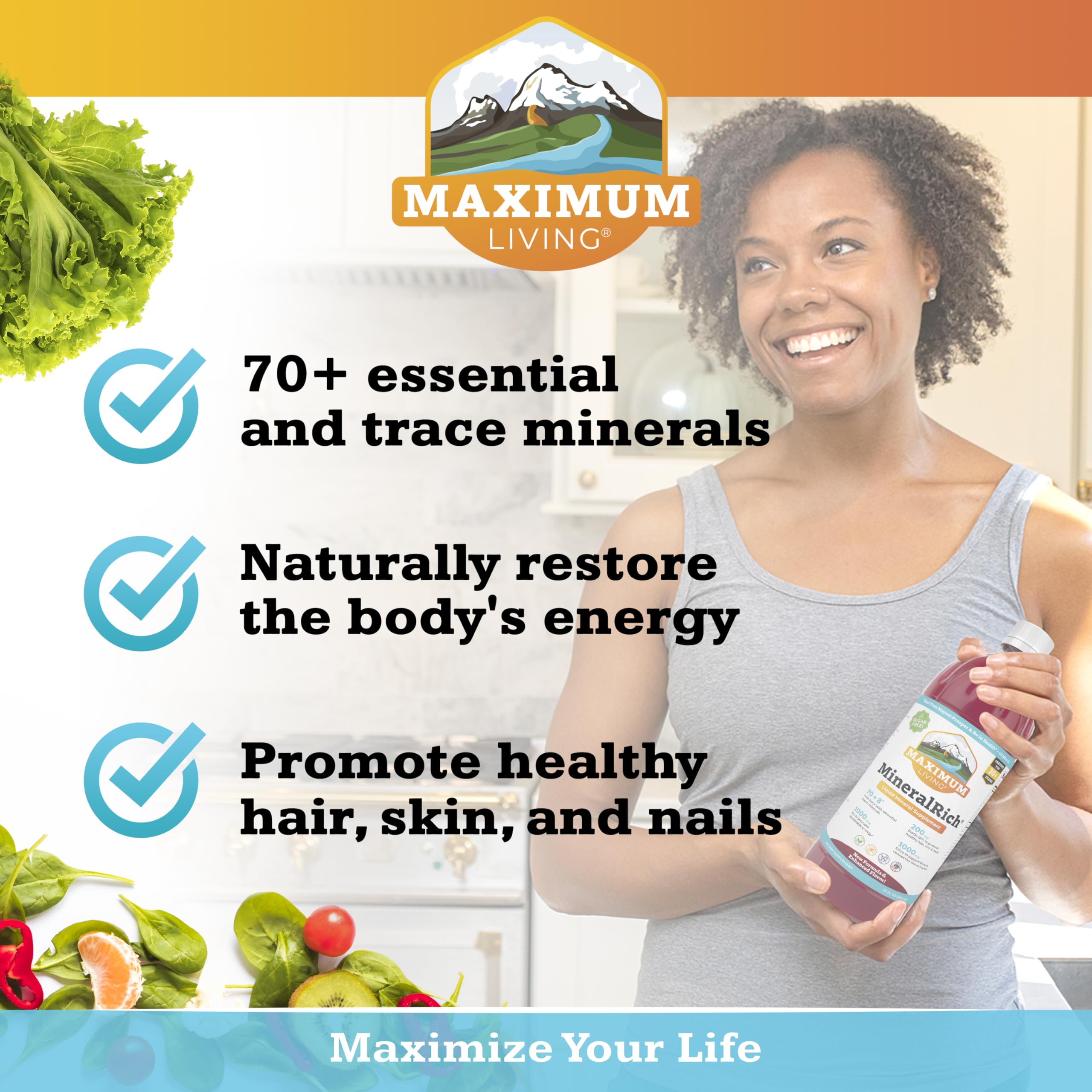 Ingredient panel showing 70+ minerals and magnesium