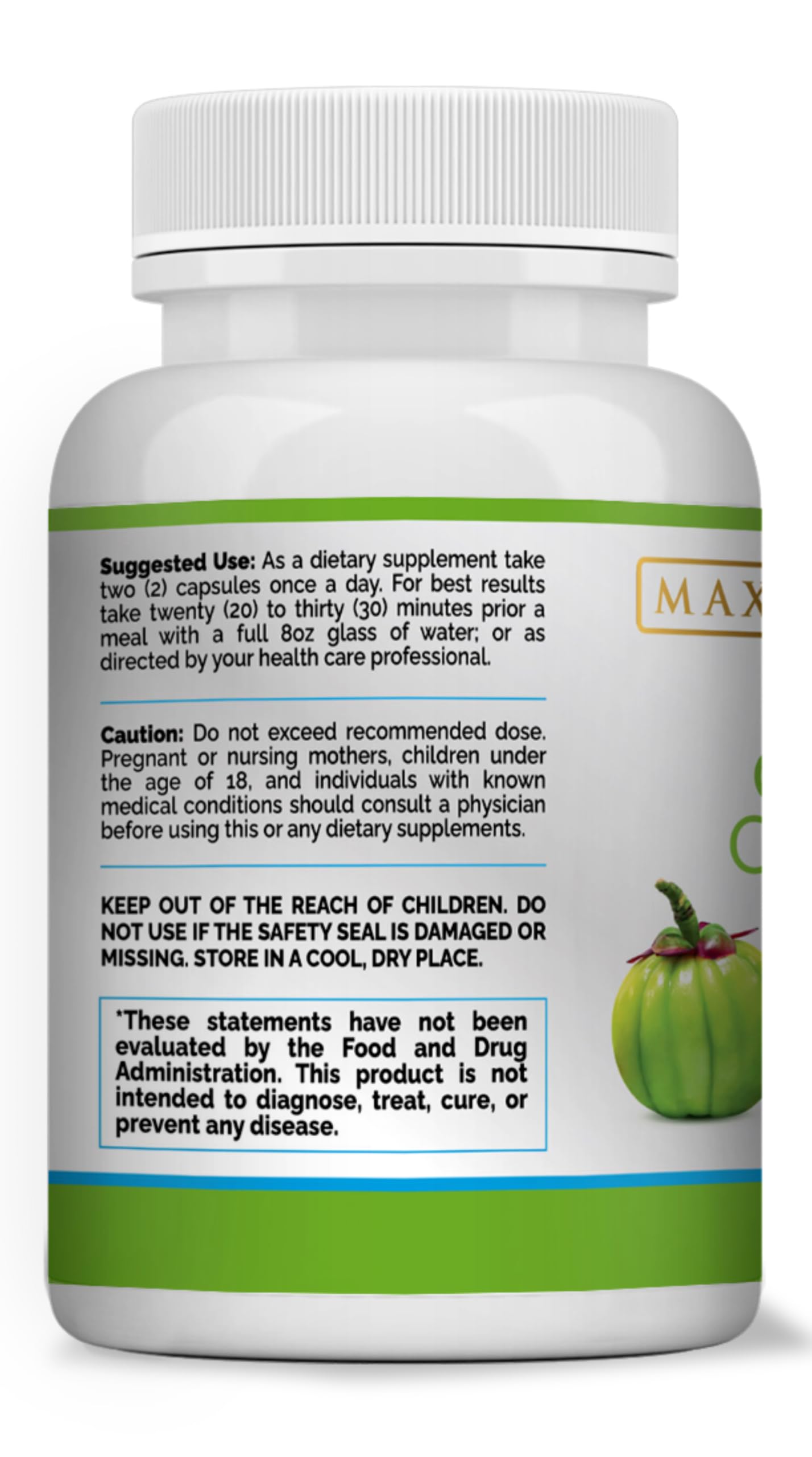 Ingredients include Garcinia Cambogia rind extract and minerals