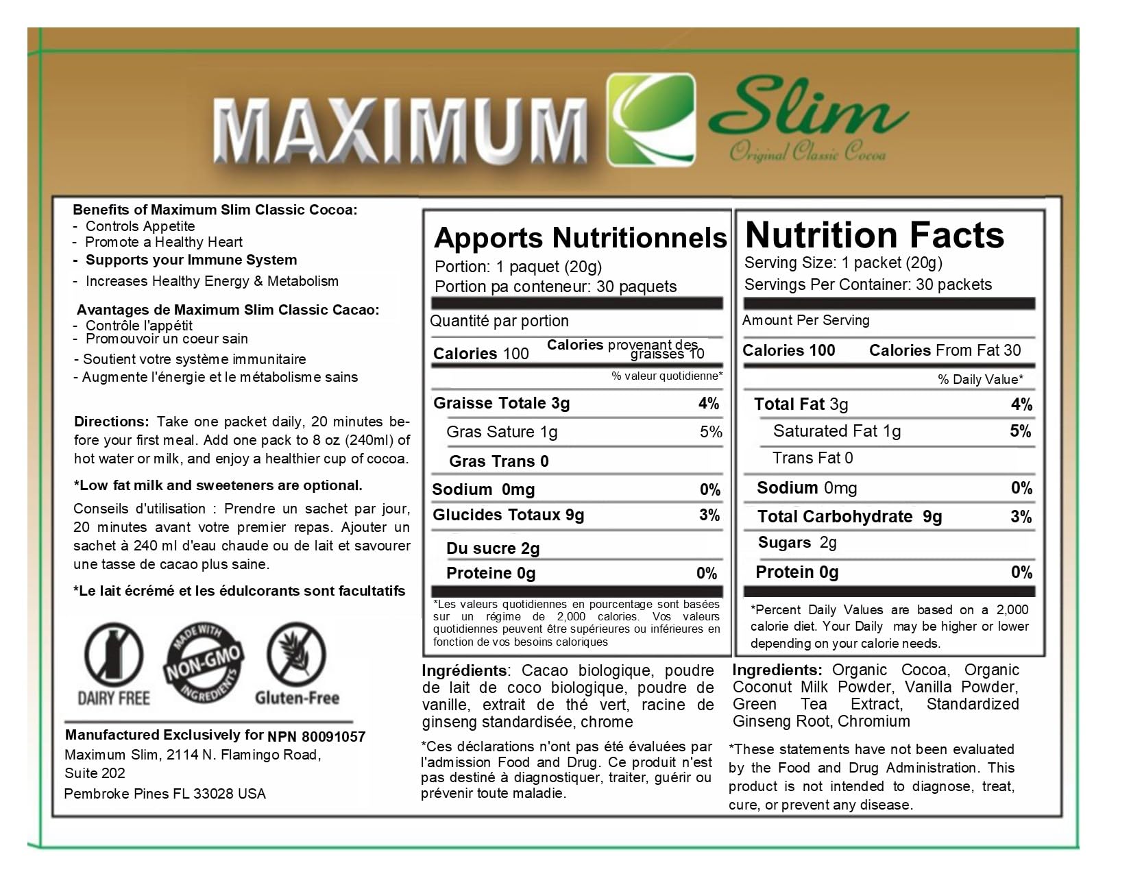 USA-made Maximum Slim premium cocoa packaging
