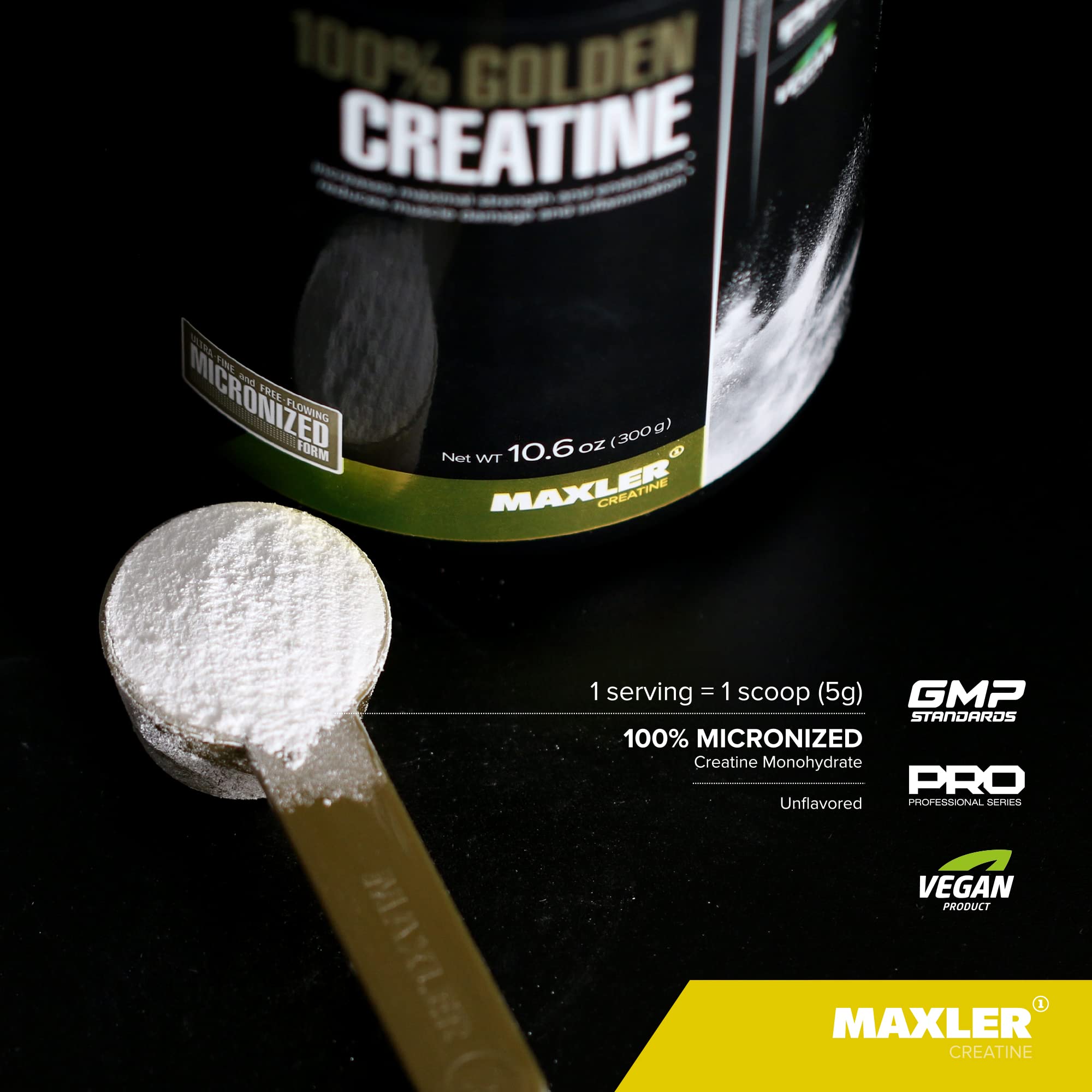 Scoop of micronized creatine monohydrate powder