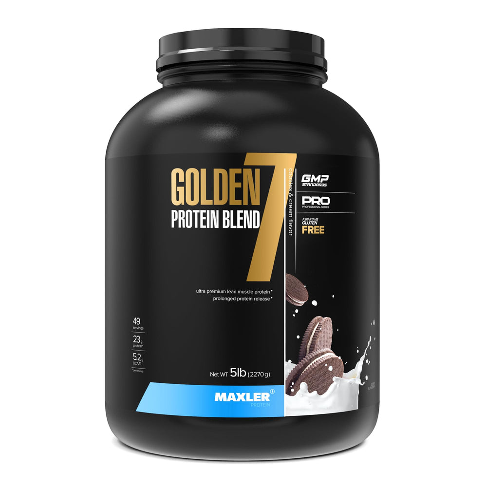 Maxler Golden 7 protein blend bottle shows premium dairy mix for daily muscle support.