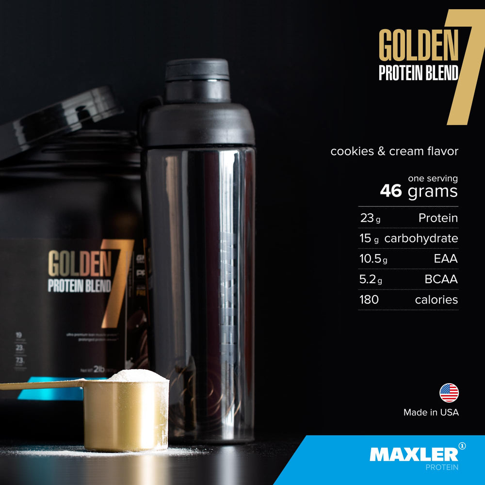 Maxler Golden 7 cookies & cream tub appeals to flavor-forward post-workout rituals.