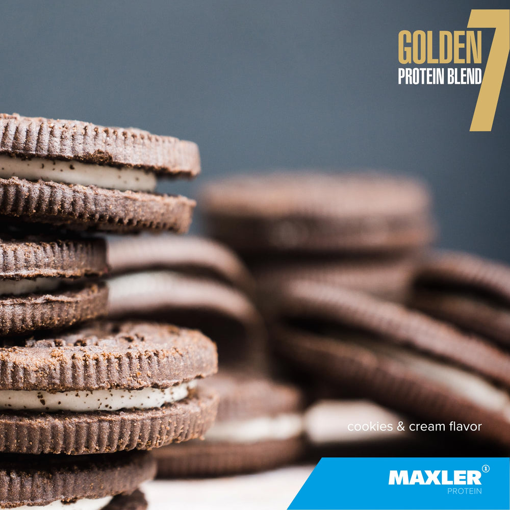 Maxler Golden 7 nutrition label highlights per-scoop protein, EAAs, and calories.