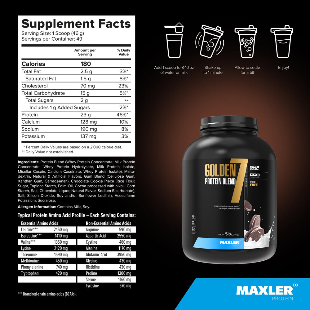 Maxler Golden 7 scoop illustrates a 46g serving for balanced protein intake.