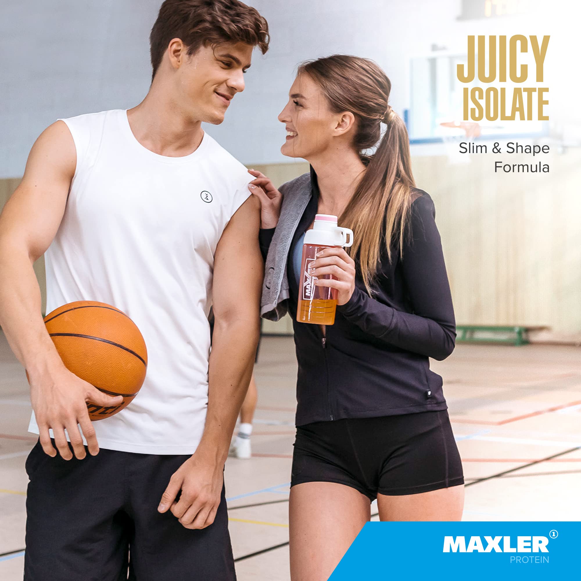 Maxler Juicy Isolate coconut label close-up signals tropical flavor.