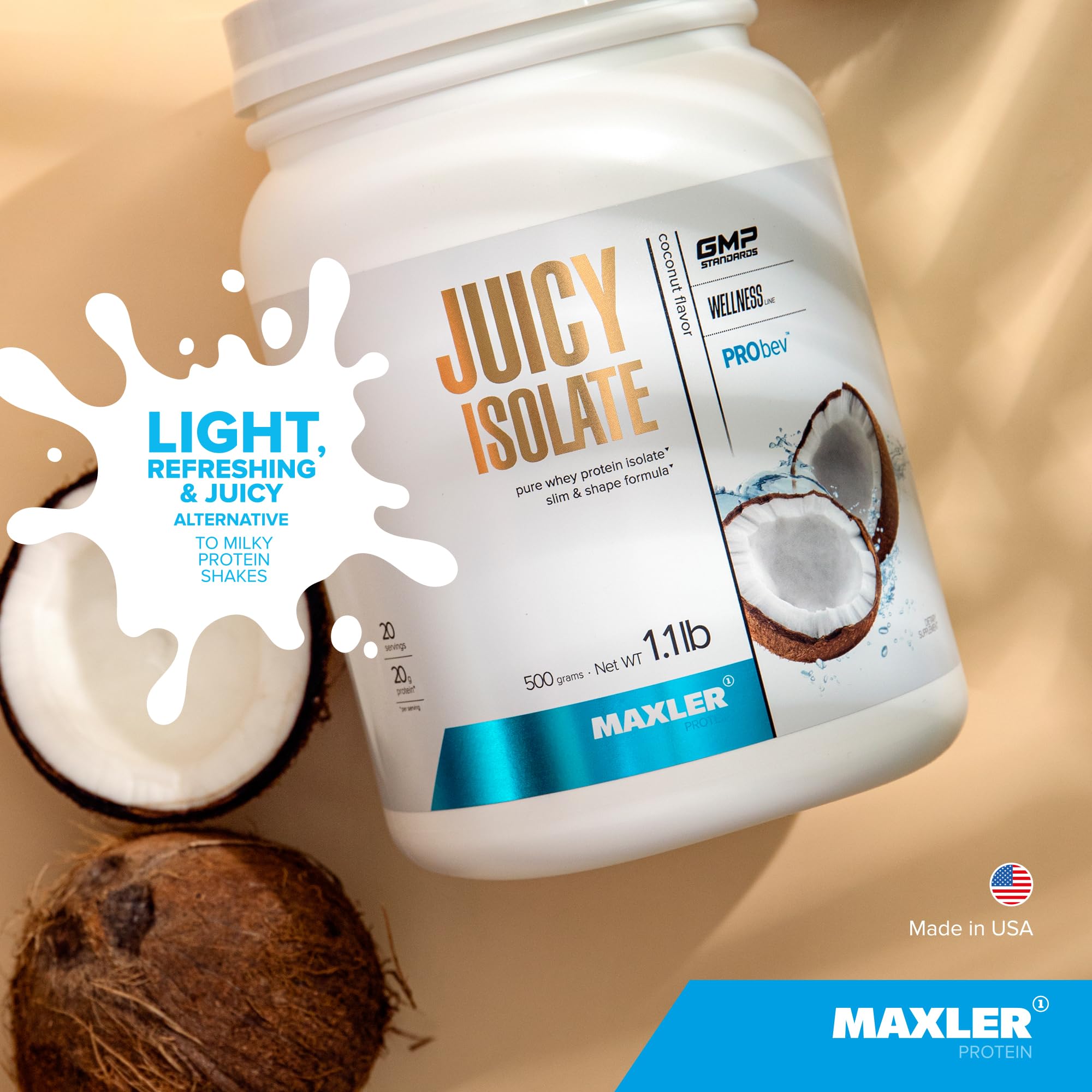 Maxler Juicy Isolate powder close-up emphasizes protein density.